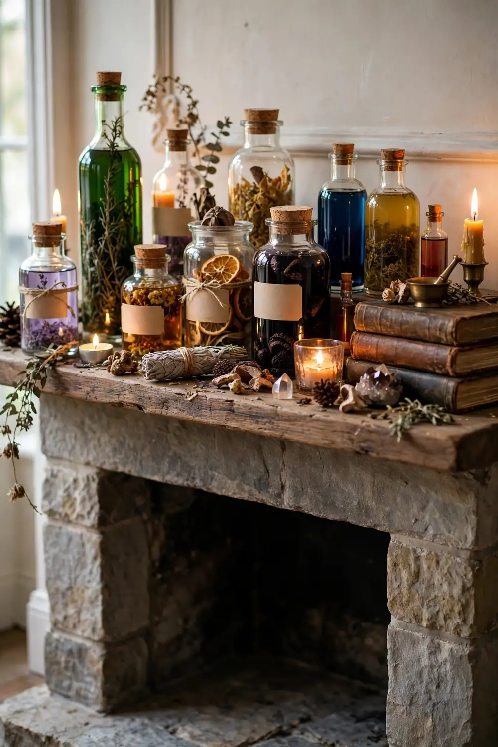 Apothecary potion bottle Halloween mantel decor Halloween mantel styled as an apothecary with potion bottles and candles