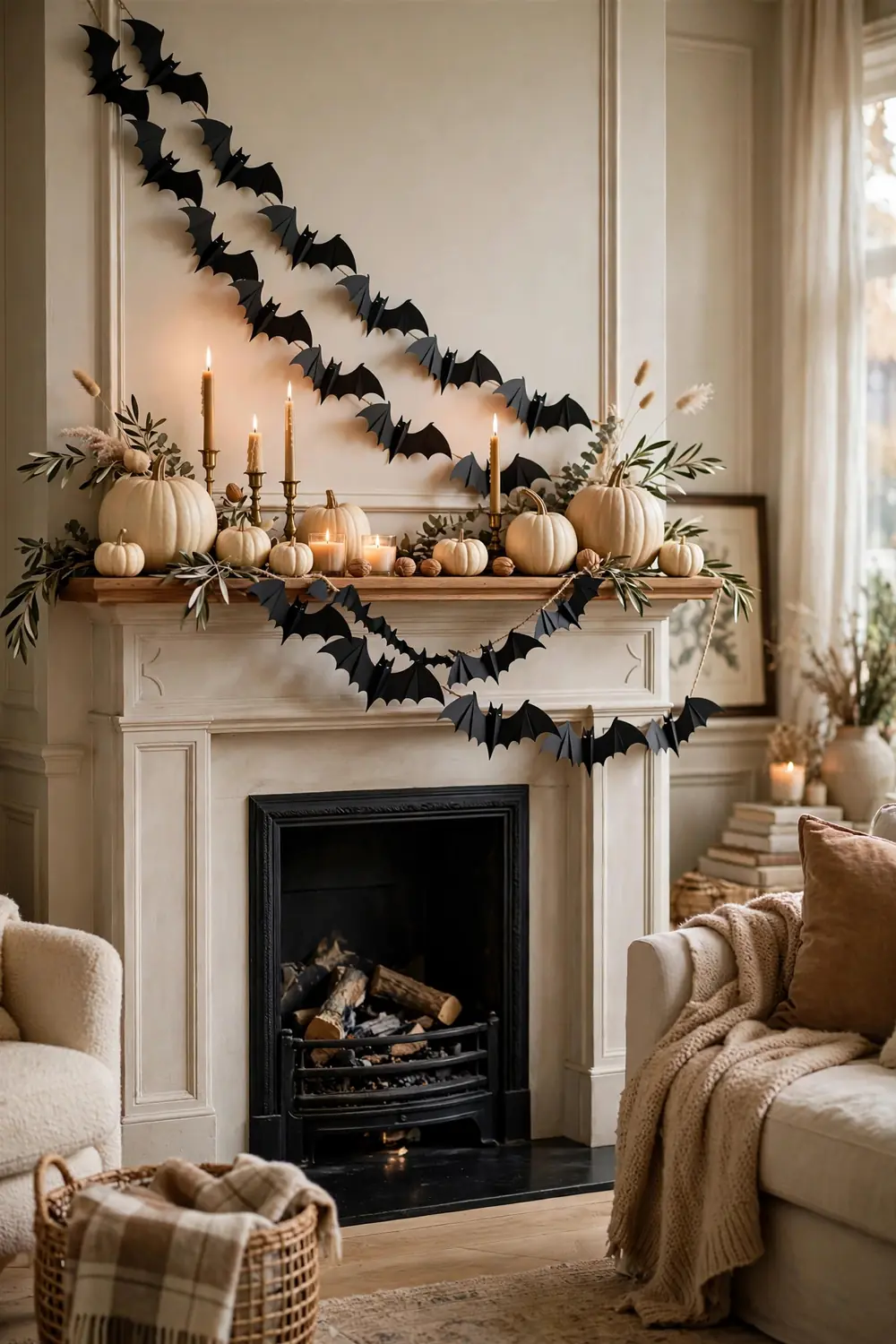 DIY Halloween decorations with black paper bat garland on mantel