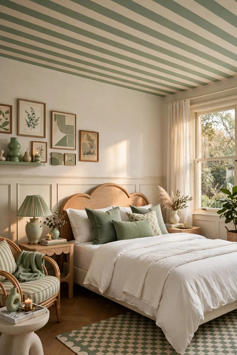 Striped ceiling DIY with sage green and cream stripes in bedroom