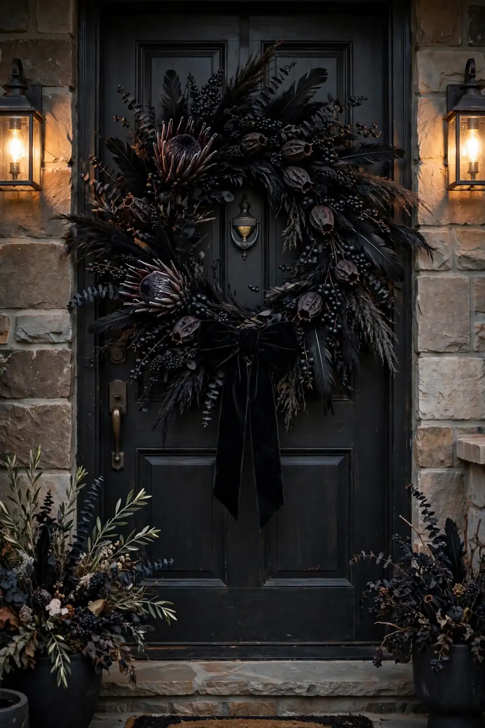 Black Statement Wreath on the Front Door Dramatic black Halloween wreath with dark florals and feathers on a front door, bold halloween entryway decor idea