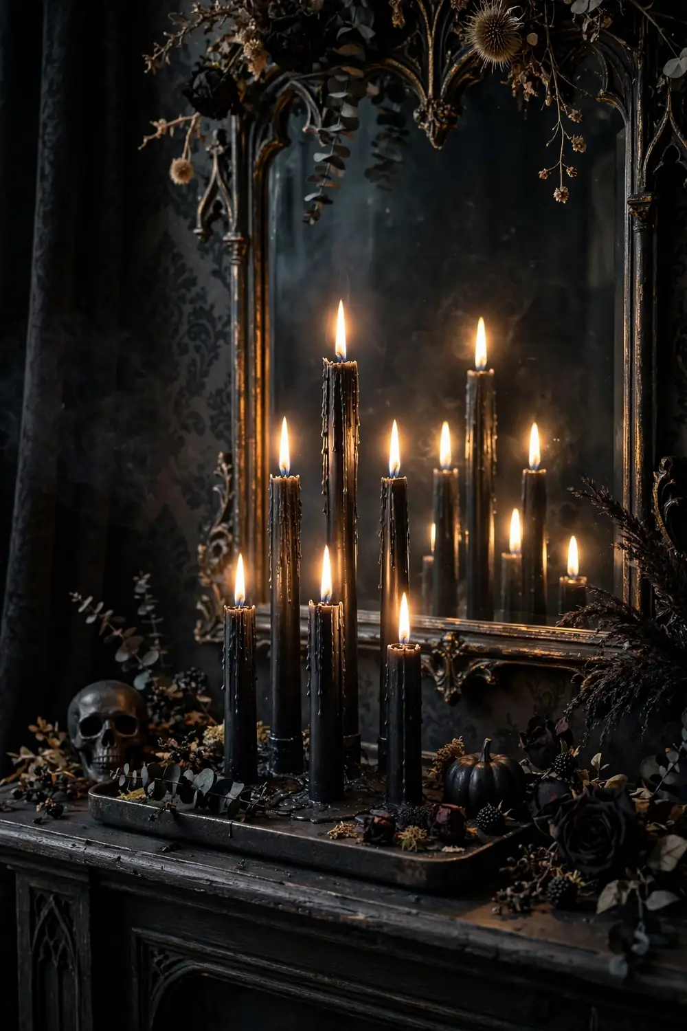 Black taper candle cluster glowing on a mantel, a gothic last minute halloween decor idea