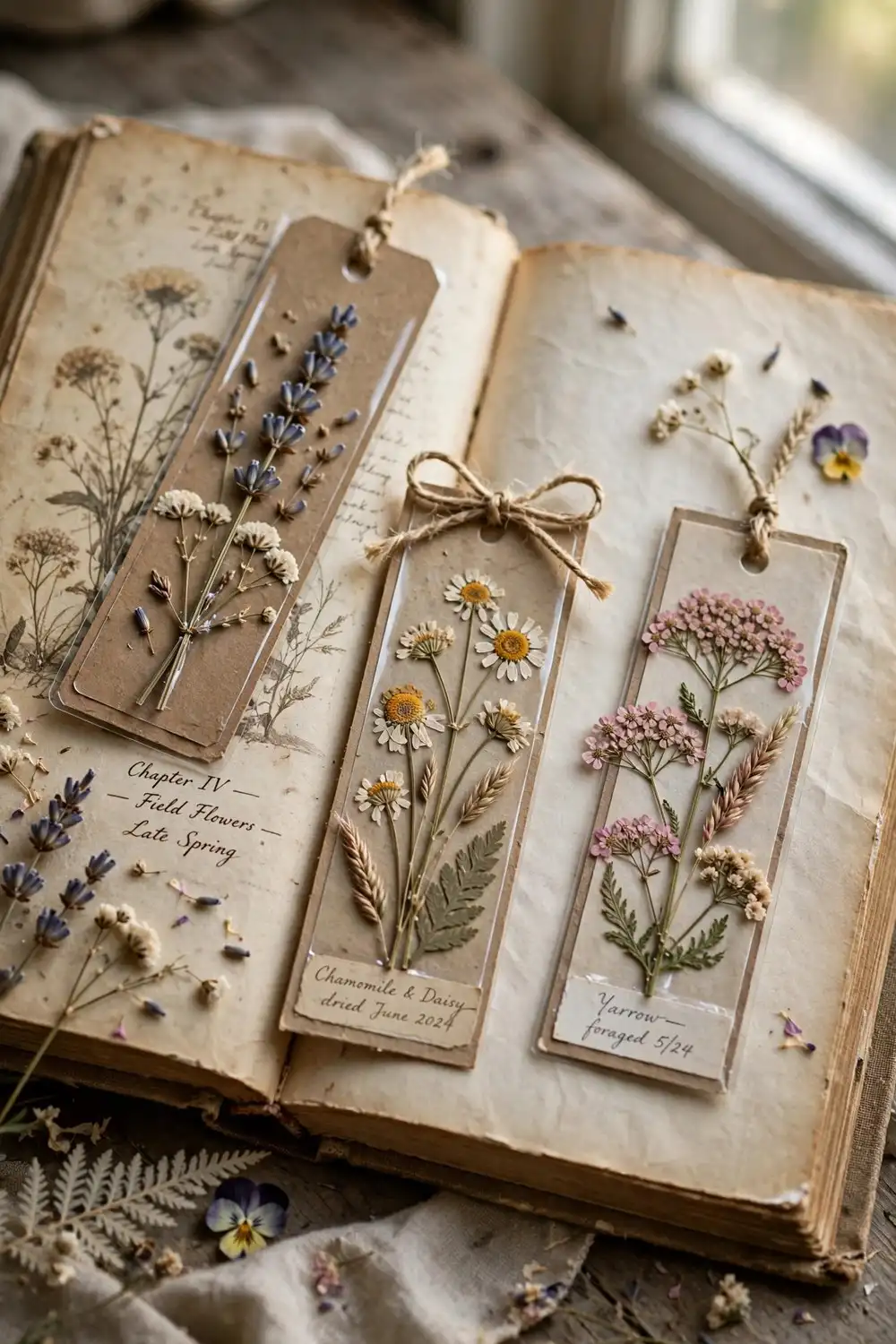 Handmade pressed flower bookmarks on a vintage book