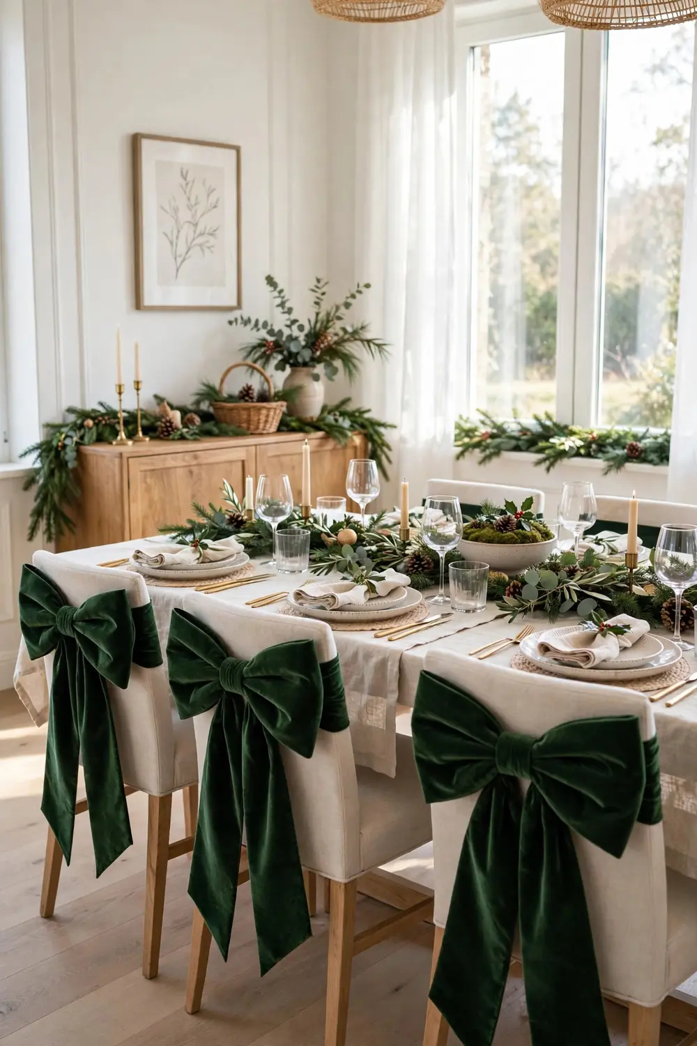 Dining room with big forest green velvet bows tied on the backs of dining chairs in bright daylight