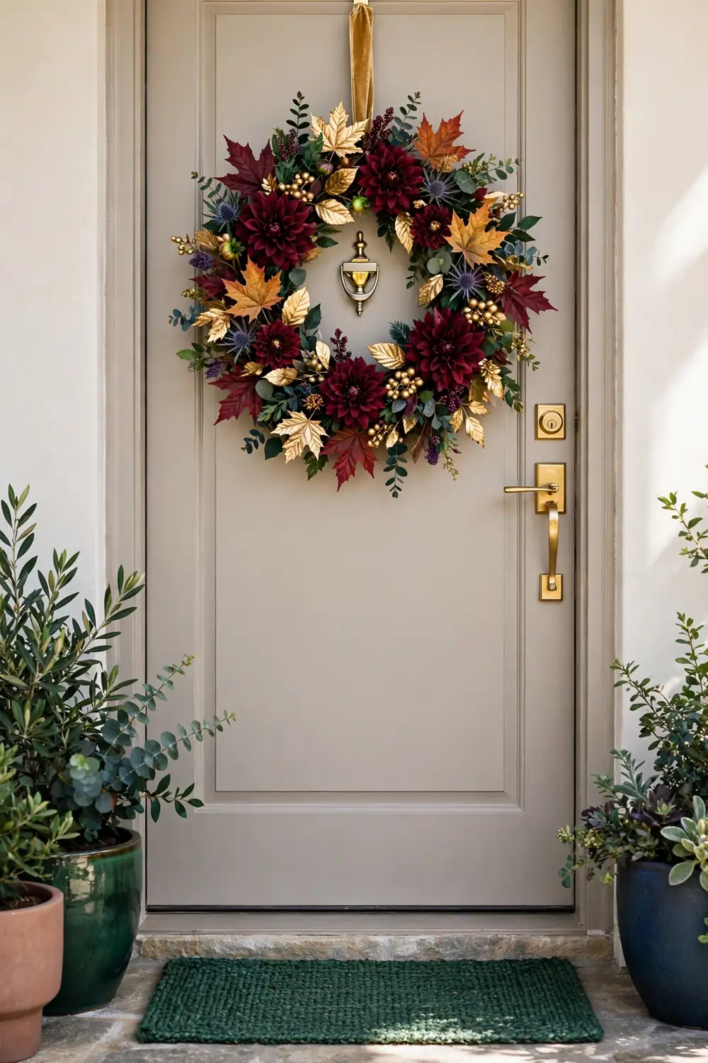 Burgundy dahlia and maple leaf wreath Fall wreath ideas with a burgundy dahlia and maple leaf wreath