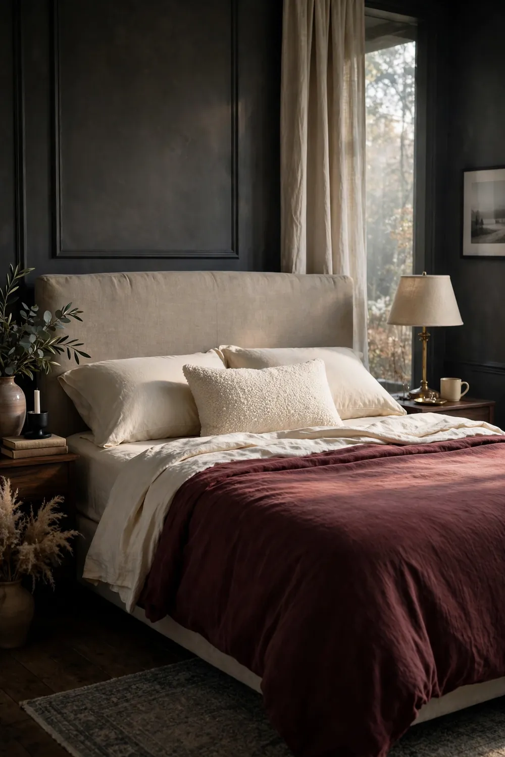 Bed with deep burgundy duvet cover layered with cream sheets and sleeping pillows plus a cream boucle lumbar pillow in soft morning light
