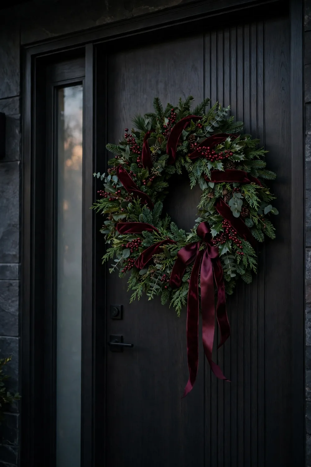 Elegant burgundy ribbon Christmas wreath ideas with deep red accents on a front door