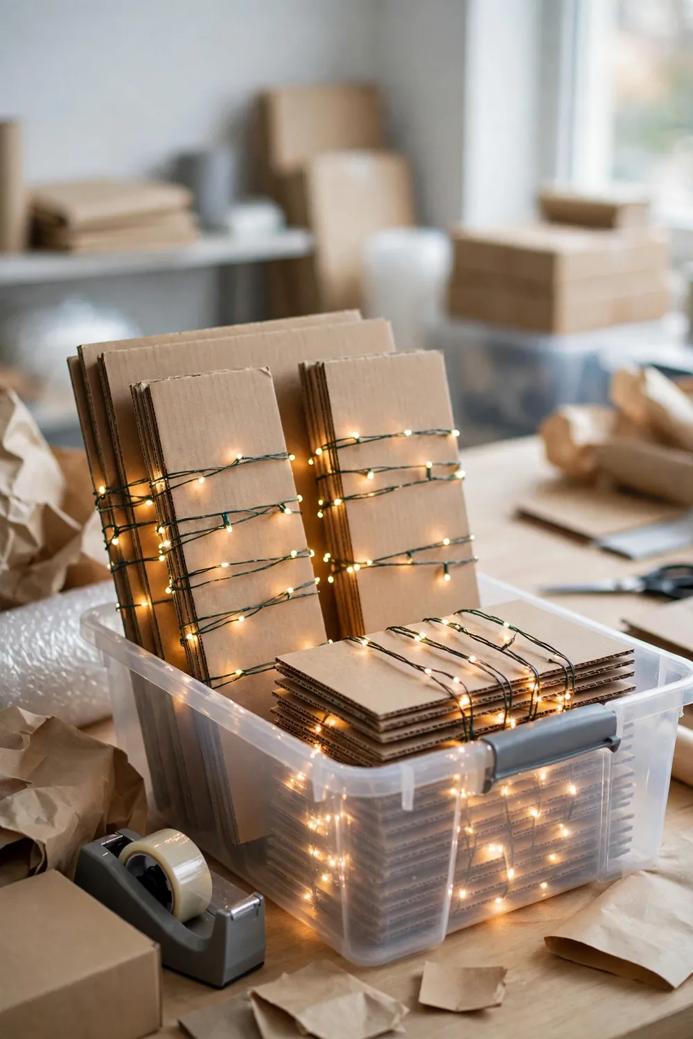 Christmas Lights Cardboard Wrap Christmas light strands neatly wrapped around cardboard pieces for tangle-free storage, holiday decor storage ideas