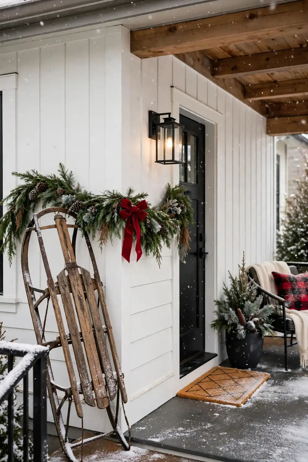 Vintage Sled Styled With Greenery Christmas Porch Decor Idea Vintage wooden sled styled with greenery on a Christmas porch, a nostalgic christmas porch decor idea
