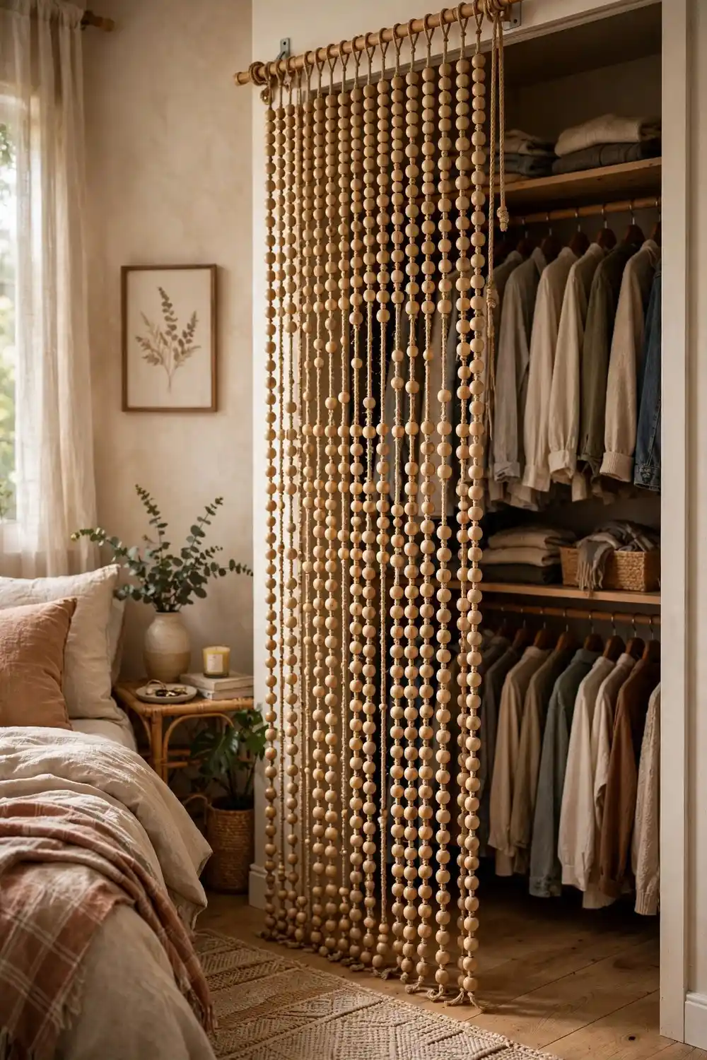 Beaded curtain covering an open closet wardrobe door