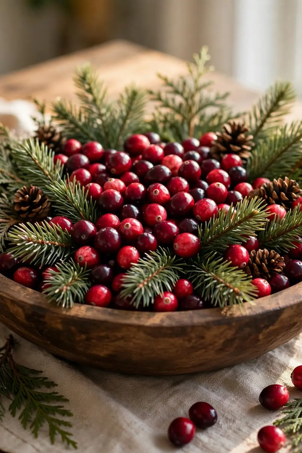 Low bowl with cranberries pine and cedar, a thanksgiving centerpiece idea