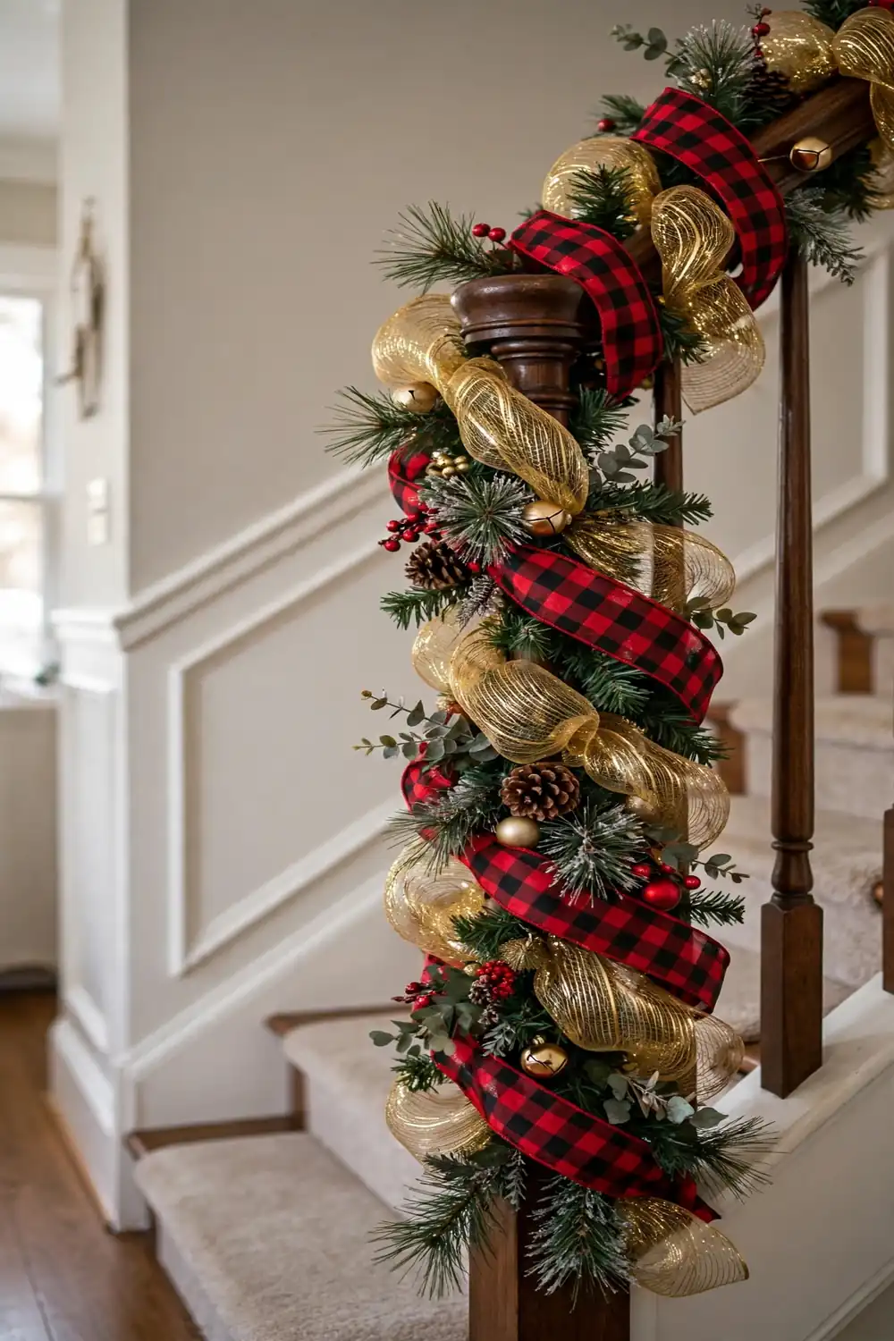 DIY Ribbon Garland for the Staircase DIY Christmas garland of buffalo check and gold ribbon on a staircase banister, festive dollar tree christmas decor diy