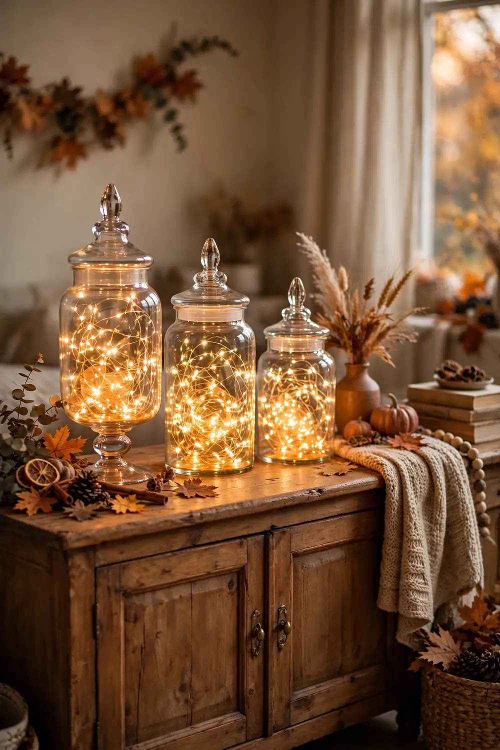 Fairy lights glowing in glass apothecary jars on a sideboard, a cozy fall living room decor idea