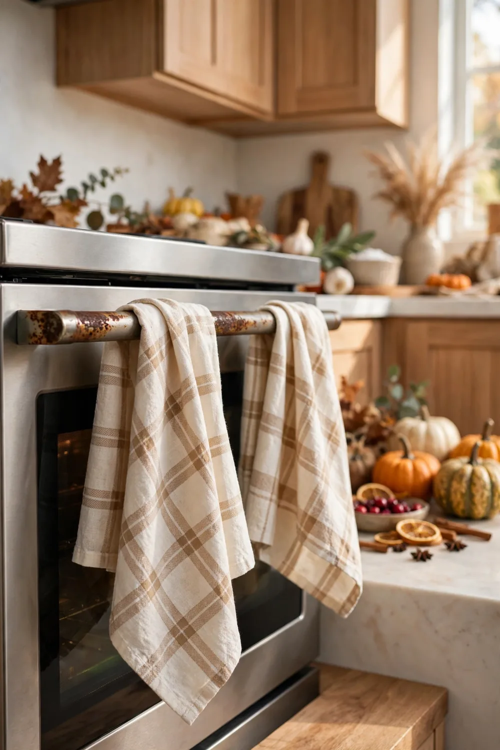 Fall Plaid Dish Towels Oven handle with rust and cream plaid dish towels in a Thanksgiving kitchen