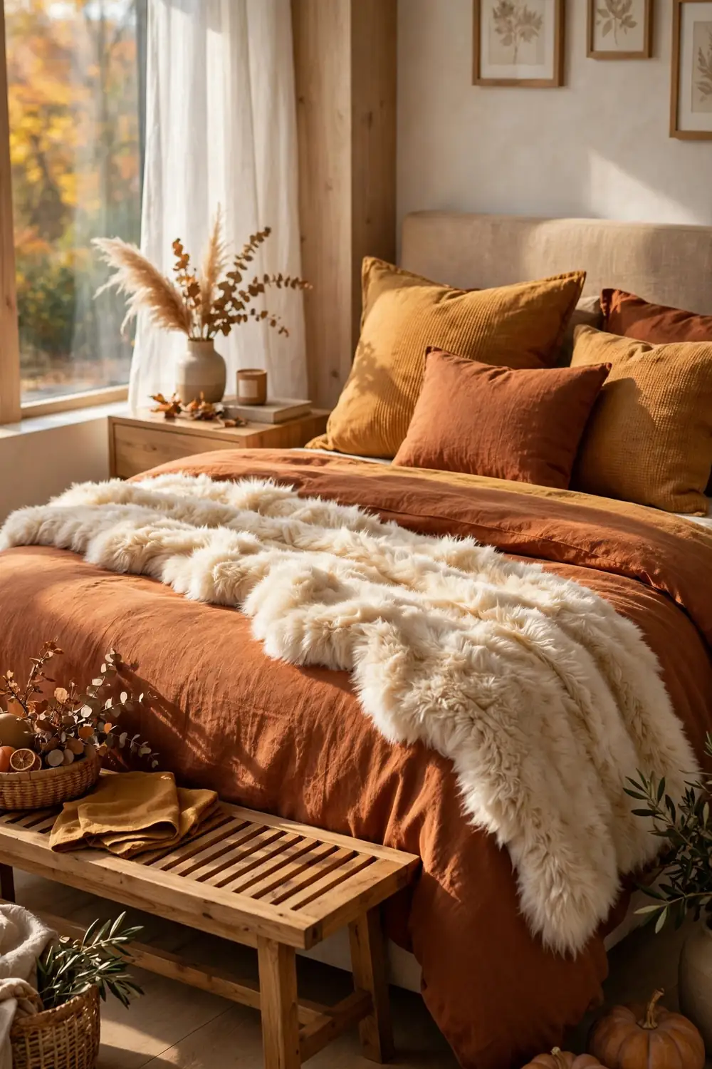 Faux Fur Accent Throw Ivory faux fur throw draped over rust and ochre fall bedding, cozy fall bedroom decor idea
