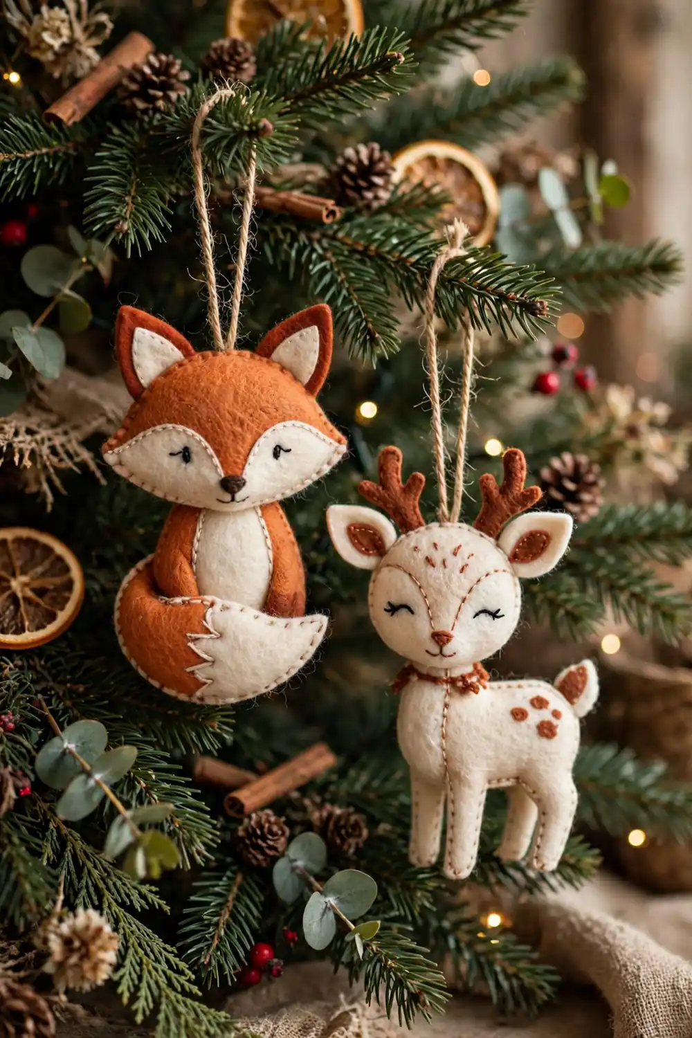 Felt fox ornament hanging on a Christmas tree, a soft diy christmas ornament idea