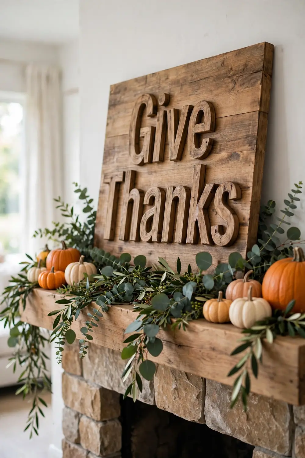 Give Thanks lettering sign on the mantel Thanksgiving mantel decor with an oversized wooden Give Thanks sign
