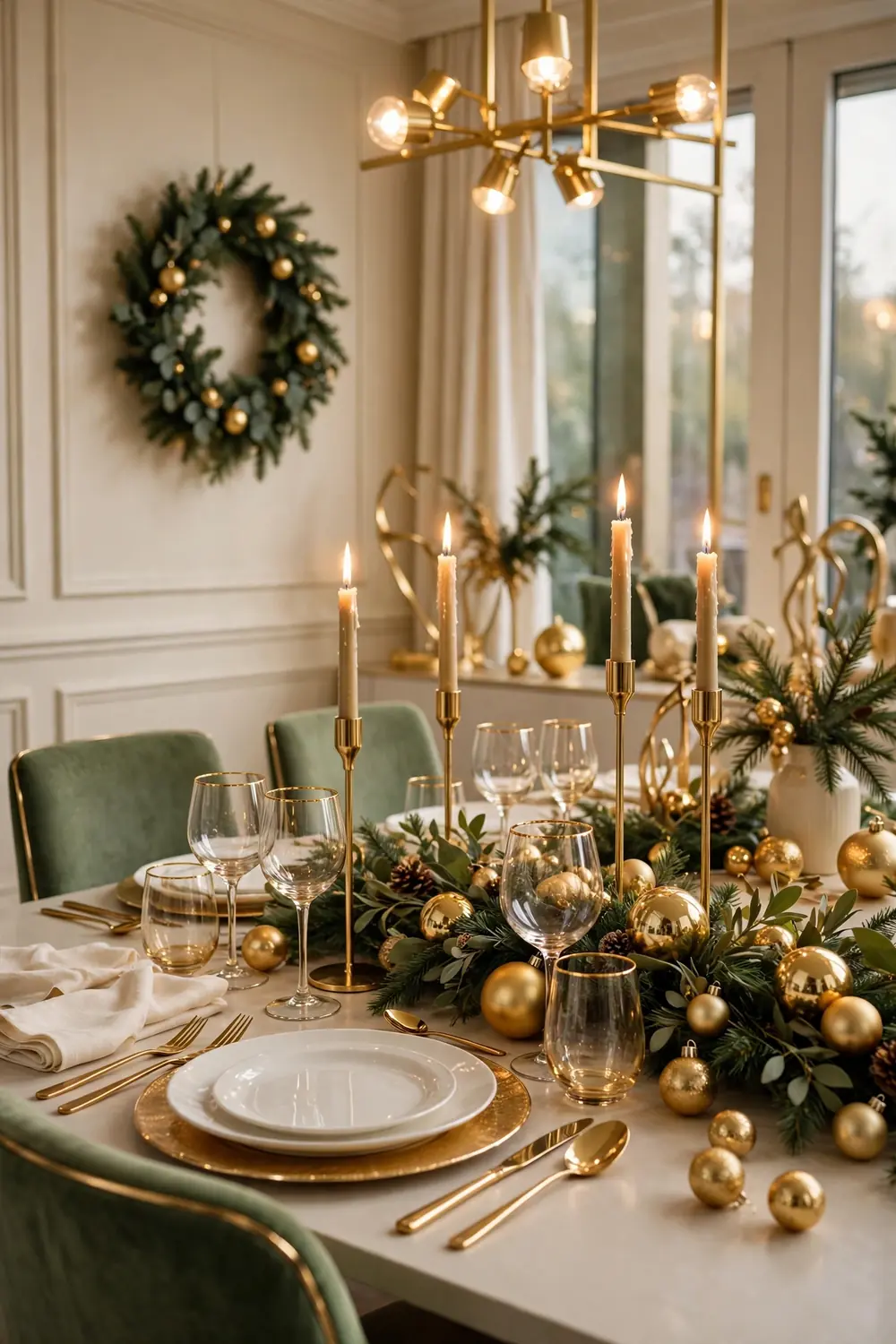 Christmas dining room decor, gold metallic glam Christmas dining room decor with gold glamour, gold chargers and brass candlesticks on a festive table