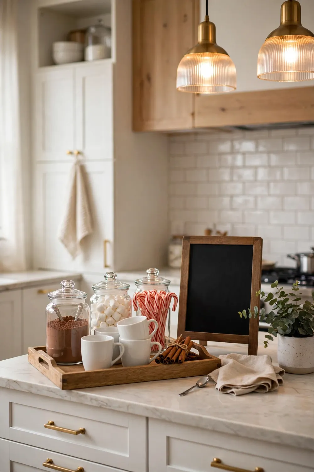 Hot Cocoa Bar Corner with Mugs and Candy Canes Christmas kitchen decor ideas with a hot cocoa bar corner styled with mugs, cocoa jars and candy canes