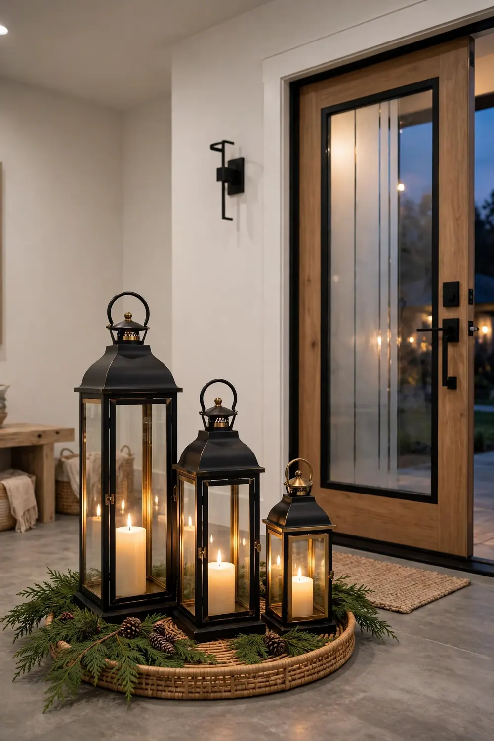 Cluster of glowing black and gold lanterns with candles beside the front door