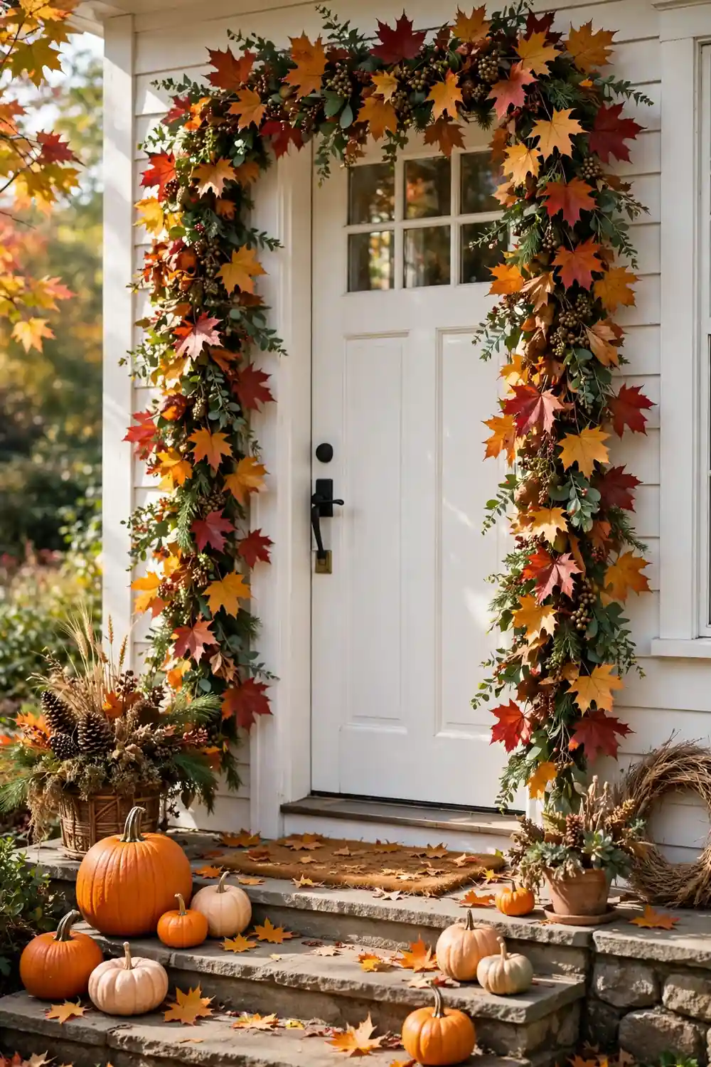 Maple leaf garland in red, orange, and gold around a fall front door frame, one of the warmest fall front door decor ideas