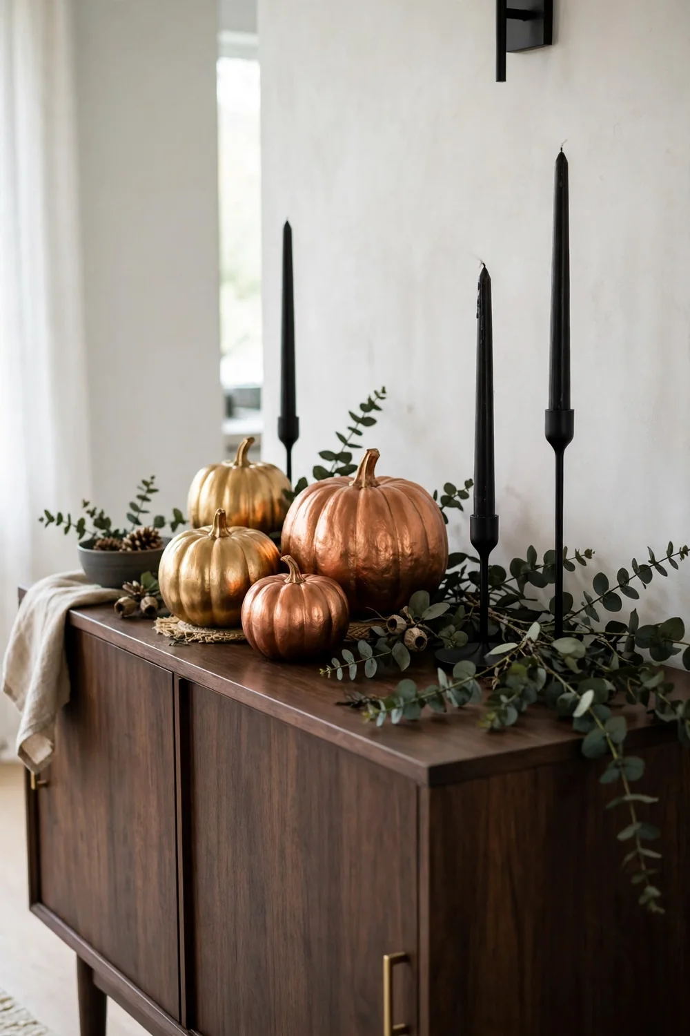 Gold and copper metallic pumpkins styled with black taper candles and dark greenery on a sideboard
