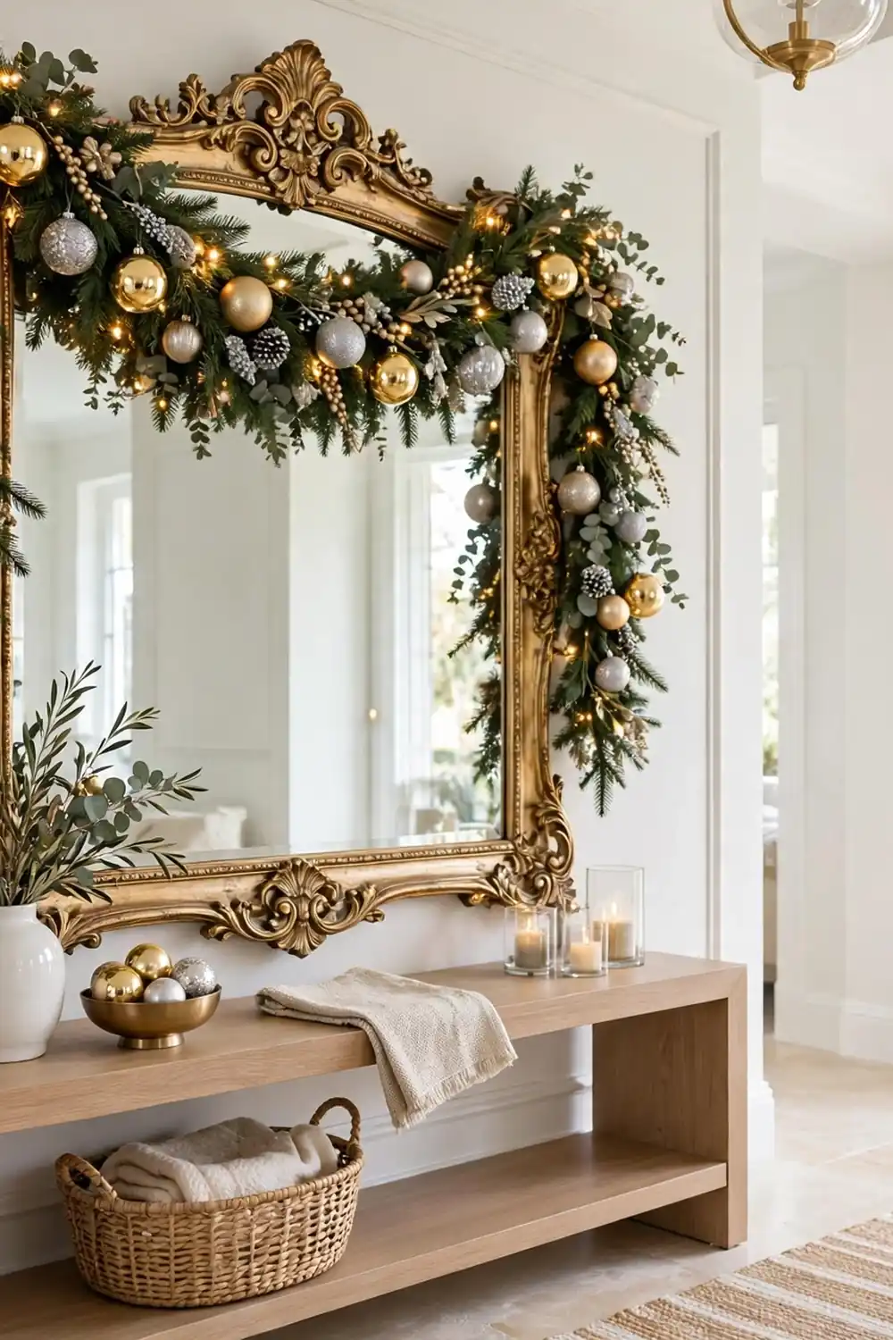 Christmas garland ideas for a mirror frame with evergreen garland, gold and silver ornaments and warm lights