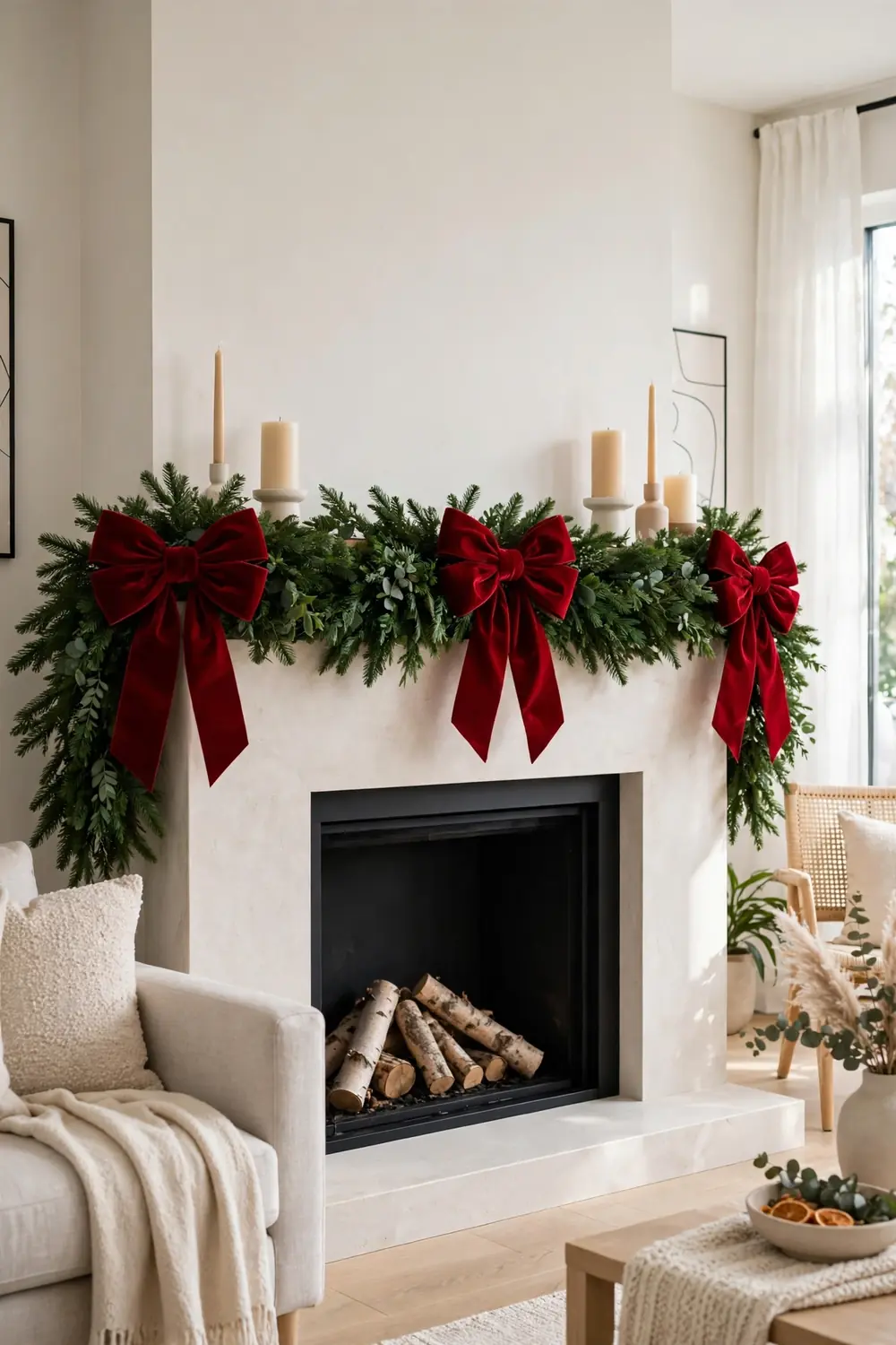 Oversized Bow Statement Christmas Mantel Christmas mantel decor ideas with oversized velvet bows on a green garland
