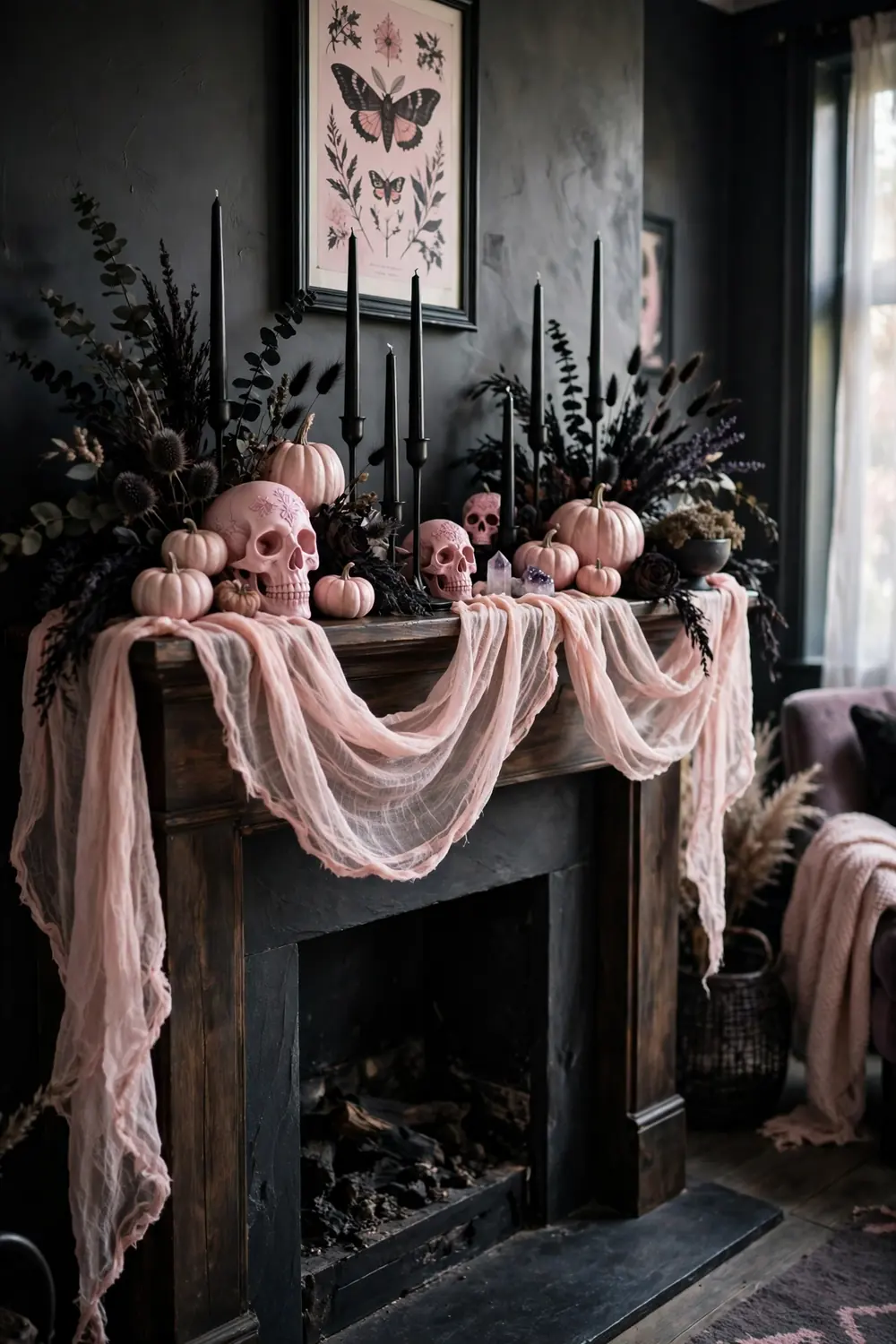 Pastel goth mantel with pink candles and skulls, moody pink halloween decor ideas for the living room