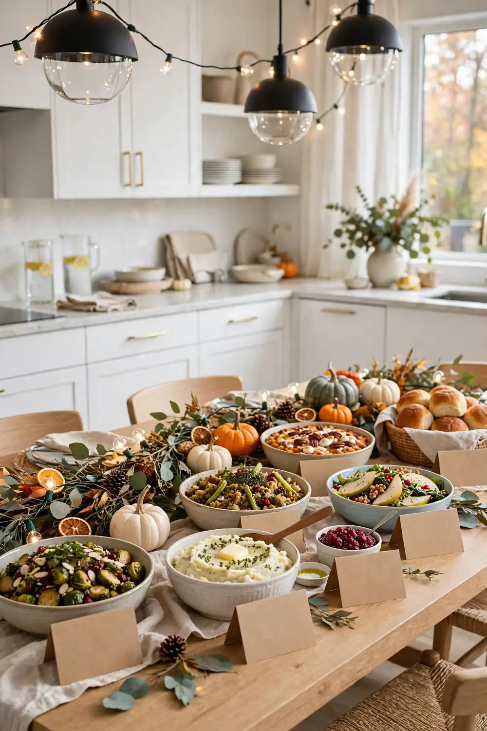 Potluck tent cards labeling each dish at a friendsgiving buffet table