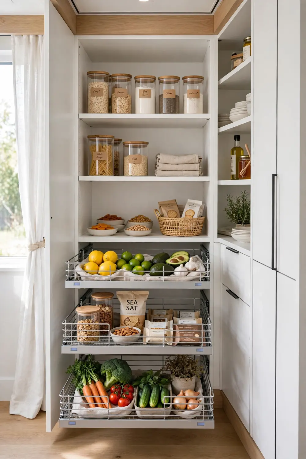 Pantry with pull out wire basket drawers holding snacks and produce on white shelving
