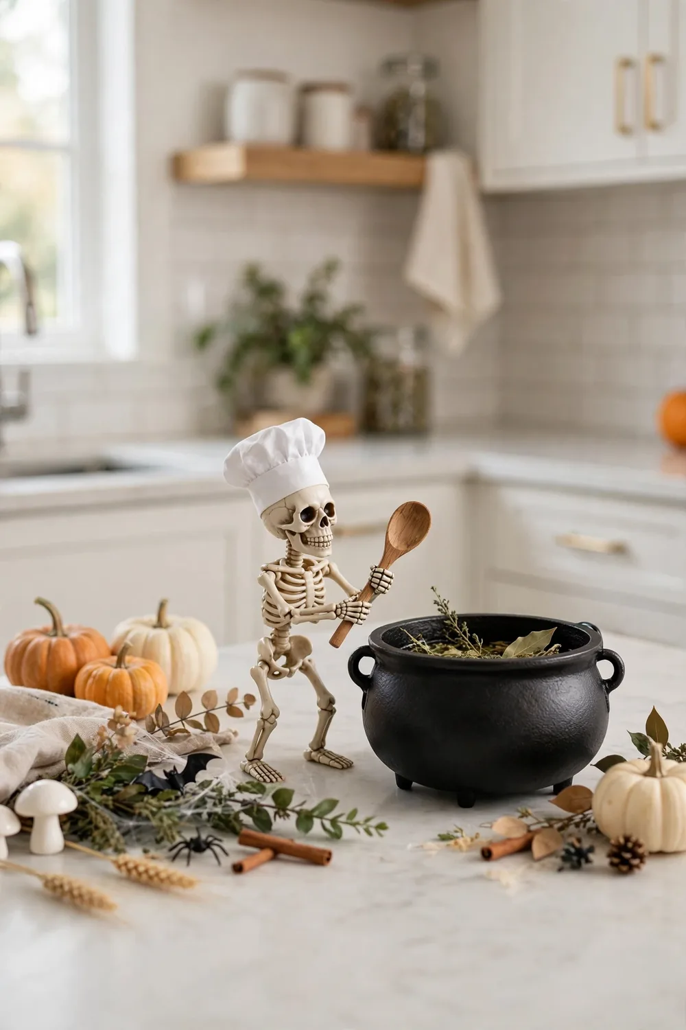 Halloween kitchen decor featuring a skeleton chef figurine wearing a tiny chef hat posed on the kitchen counter