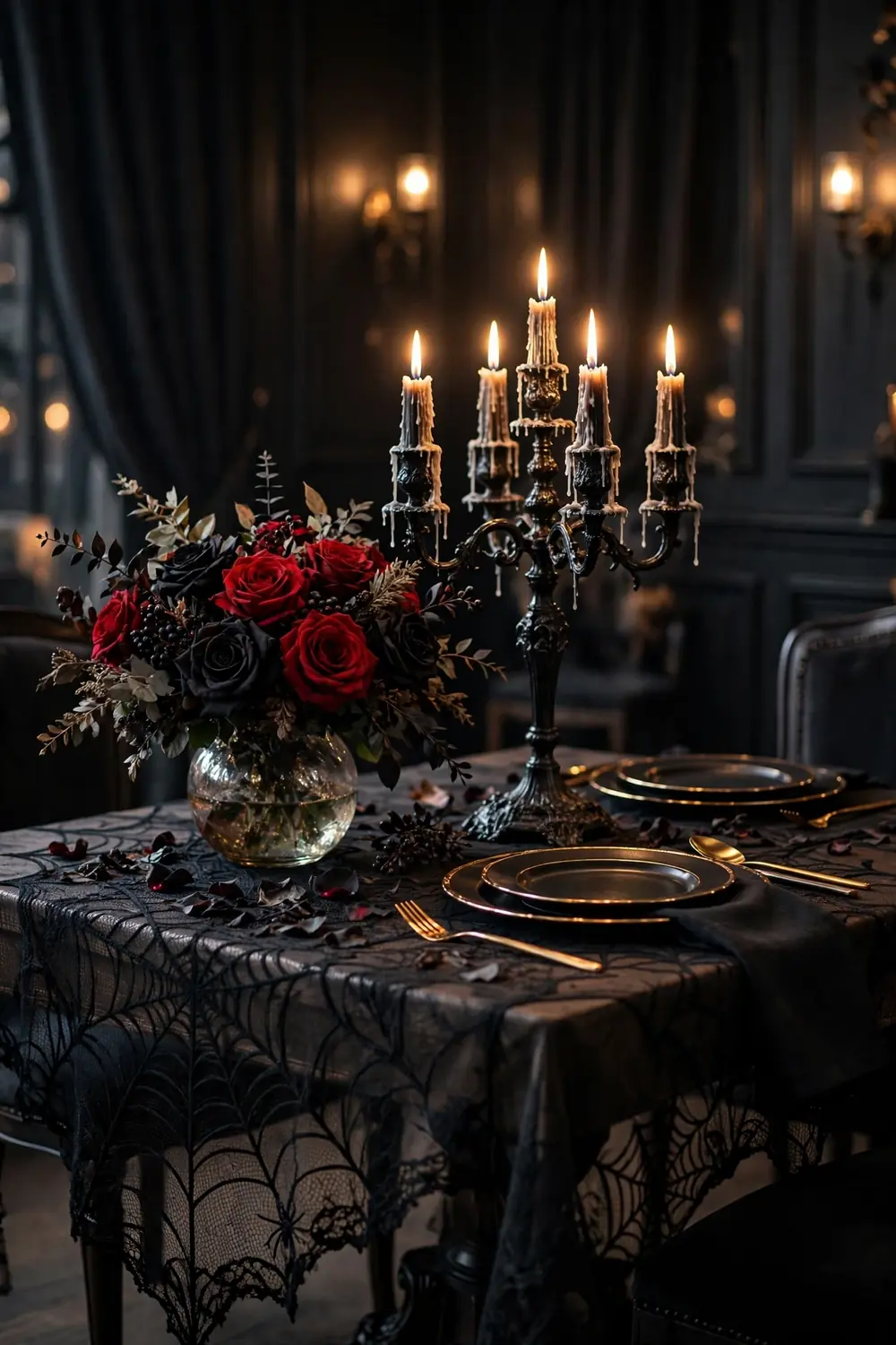Dramatic Halloween table decor with a black spiderweb lace runner, candelabra and dark roses