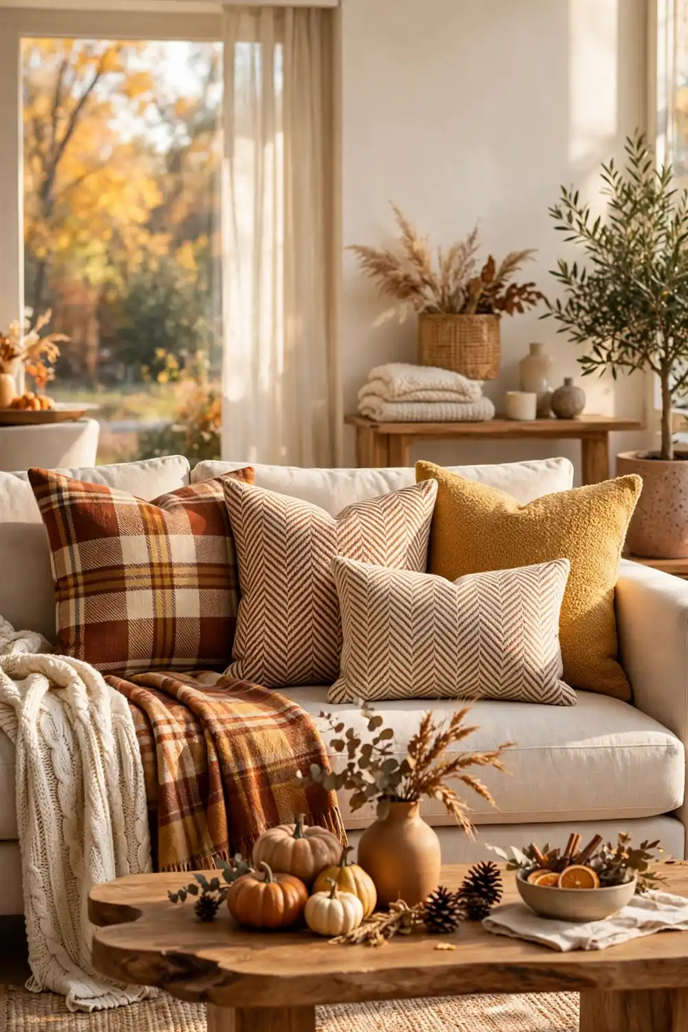 Sofa layered with plaid and herringbone pillows, cozy thanksgiving living room decor ideas