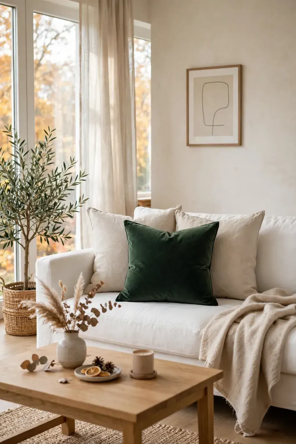 Deep green velvet throw pillow styling ideas with oatmeal linen pillows on a white sofa
