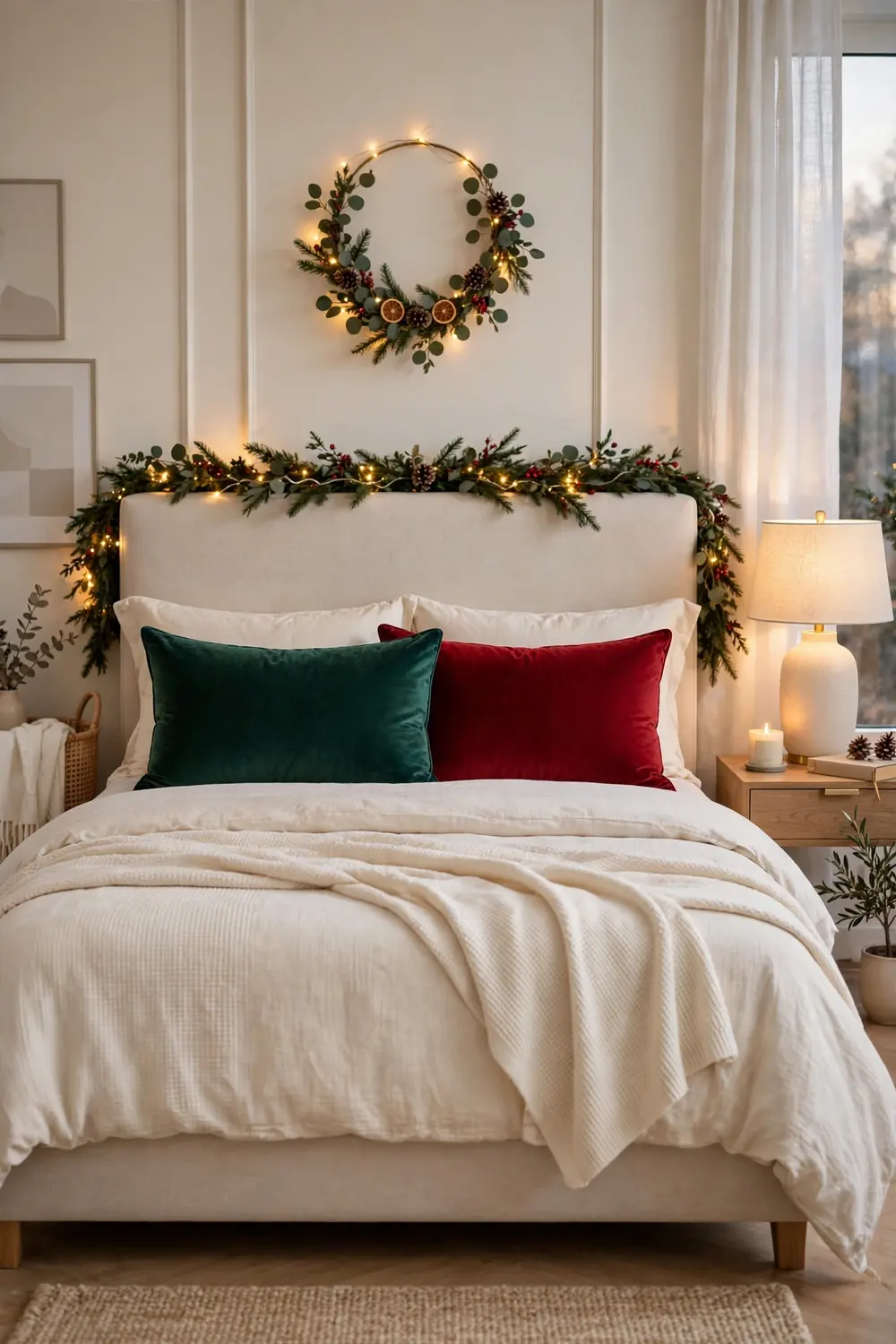 Velvet lumbar pillows in holiday colors Emerald and ruby velvet lumbar pillows on a bed in a cozy christmas bedroom decor scheme