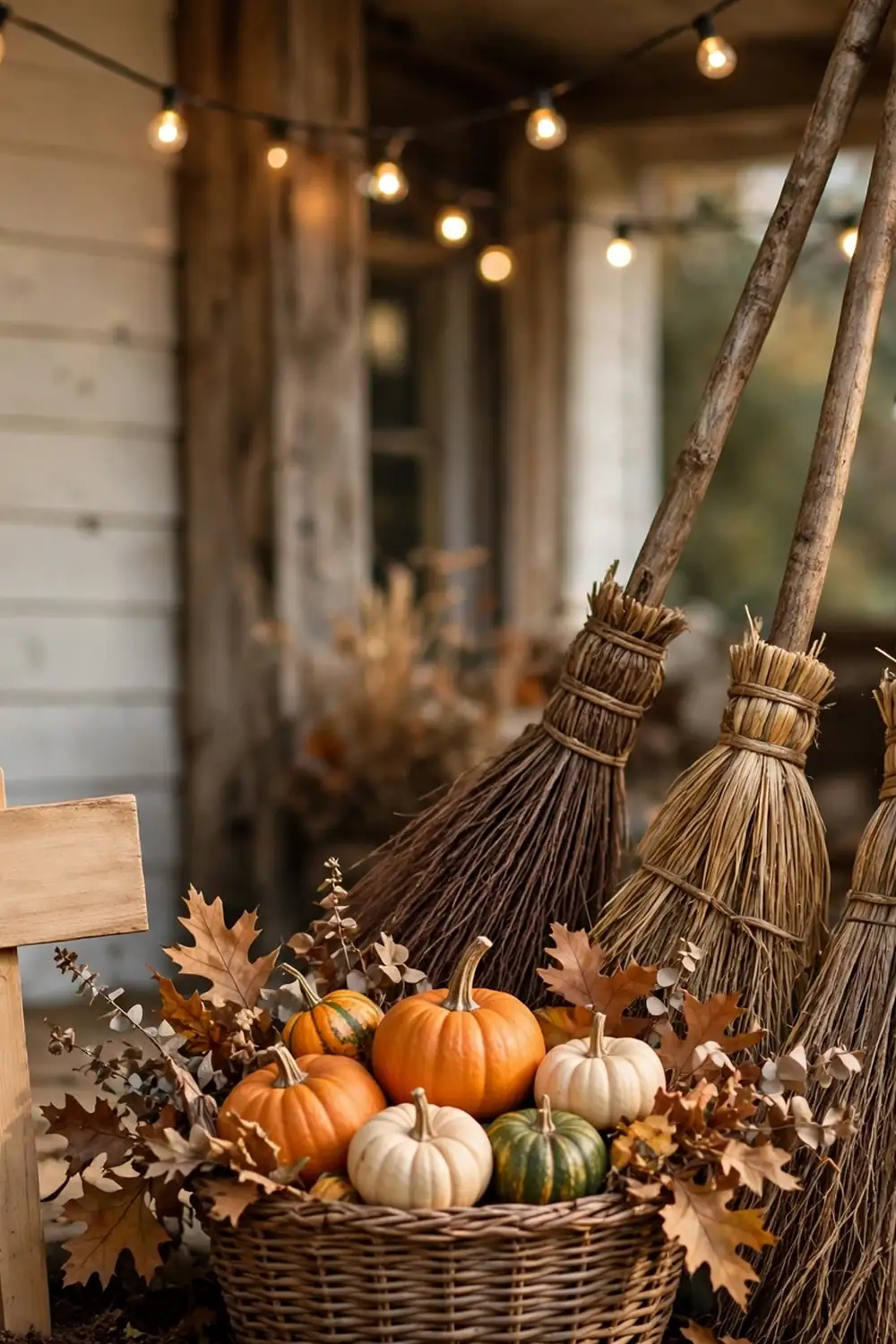 Witch Broom Parking Rustic witch brooms leaning by a porch post with a pumpkin basket, playful halloween front porch decor