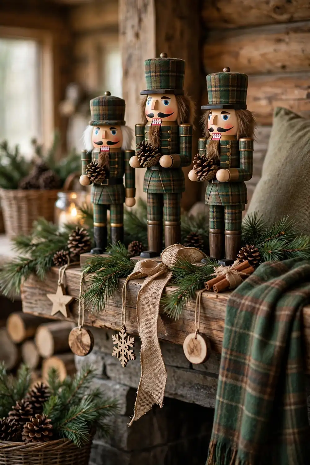 Woodland nutcracker christmas decor ideas in green plaid with pine branches and burlap ribbon
