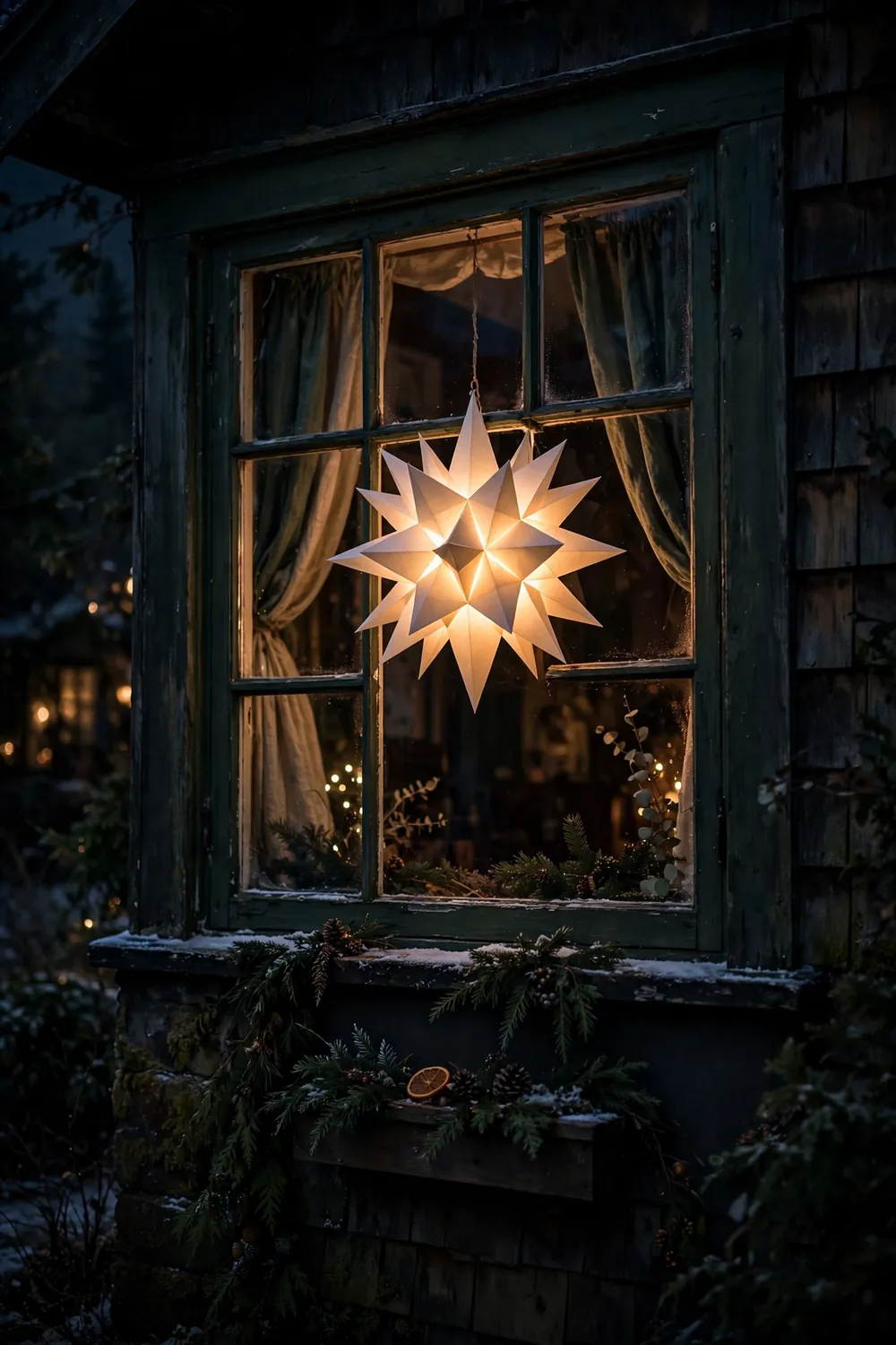 Lighted paper Advent star glowing in a dark window at night, Christmas star decor ideas