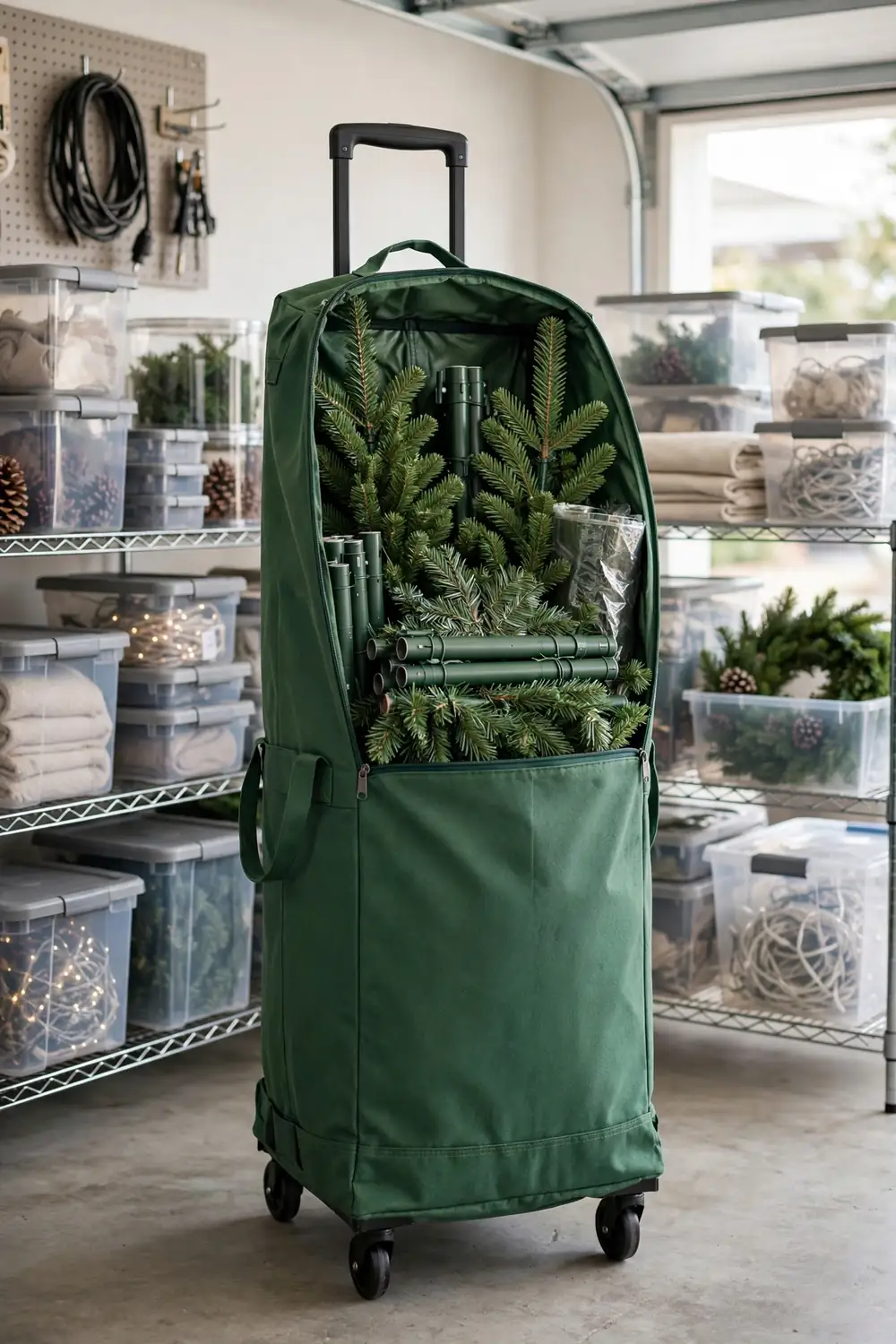 Artificial Tree Storage Bag Large rolling storage bag holding a disassembled artificial Christmas tree with wheels, a holiday decor storage idea