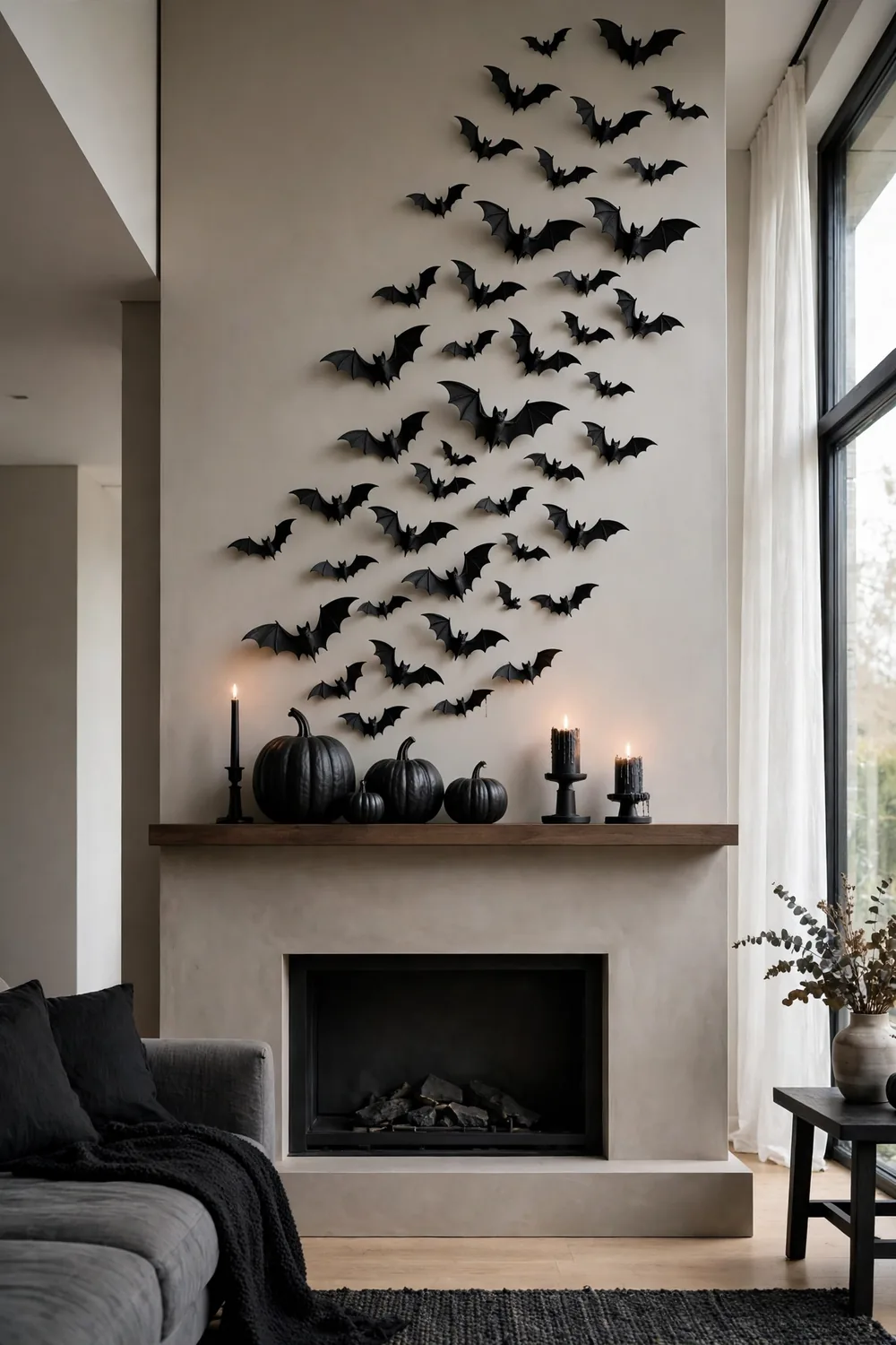 Bat swarm Halloween mantel decor idea Bat decorations swarming up the wall above a Halloween mantel