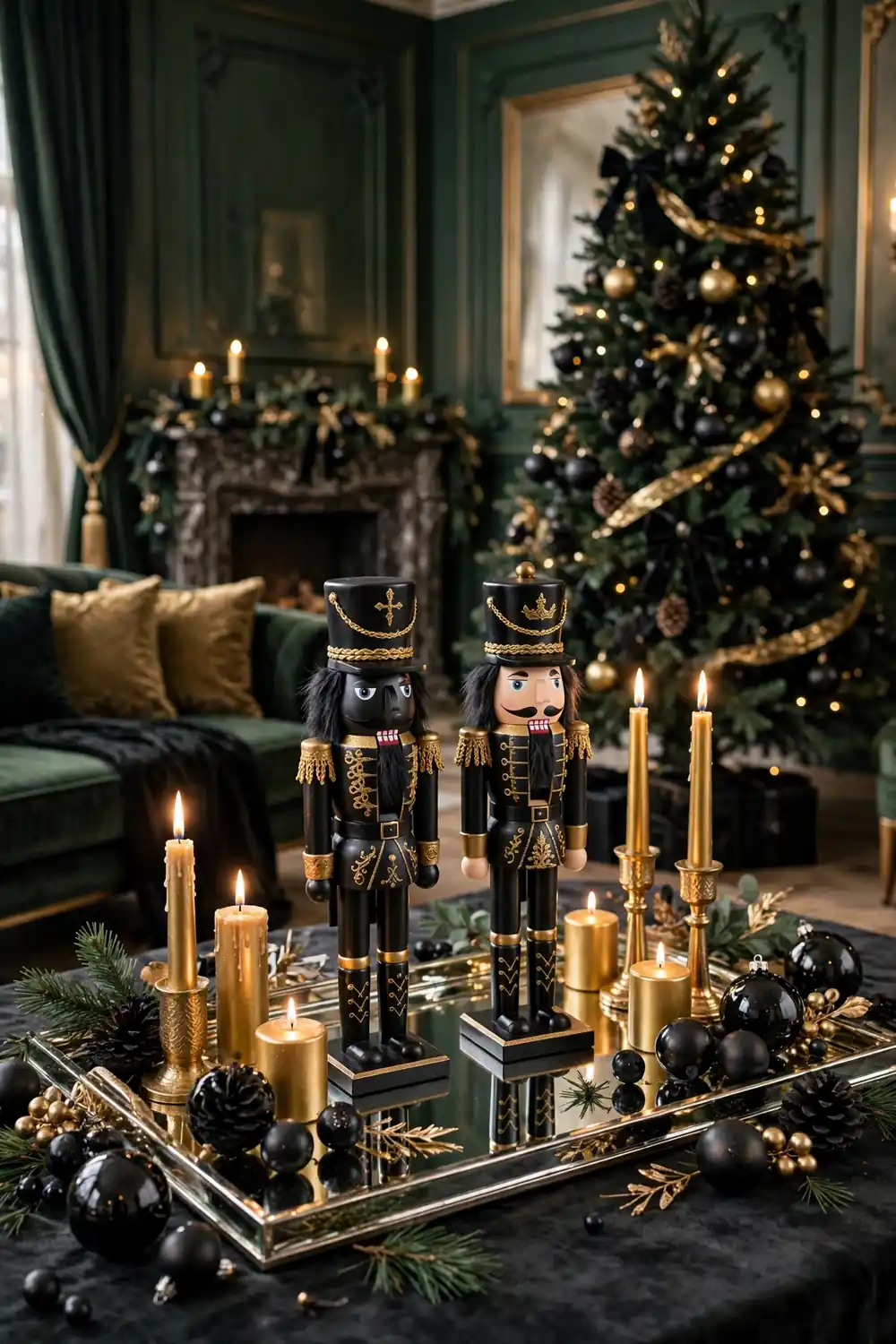 Black and gold glam nutcracker christmas decor ideas with gold candles and black ornaments