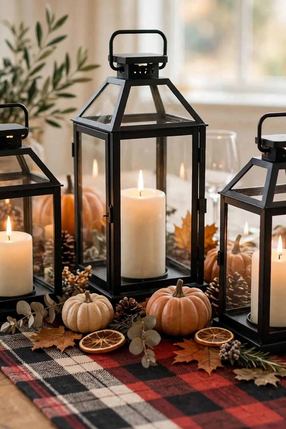 Black lanterns with pillar candles on a plaid runner, a thanksgiving centerpiece idea