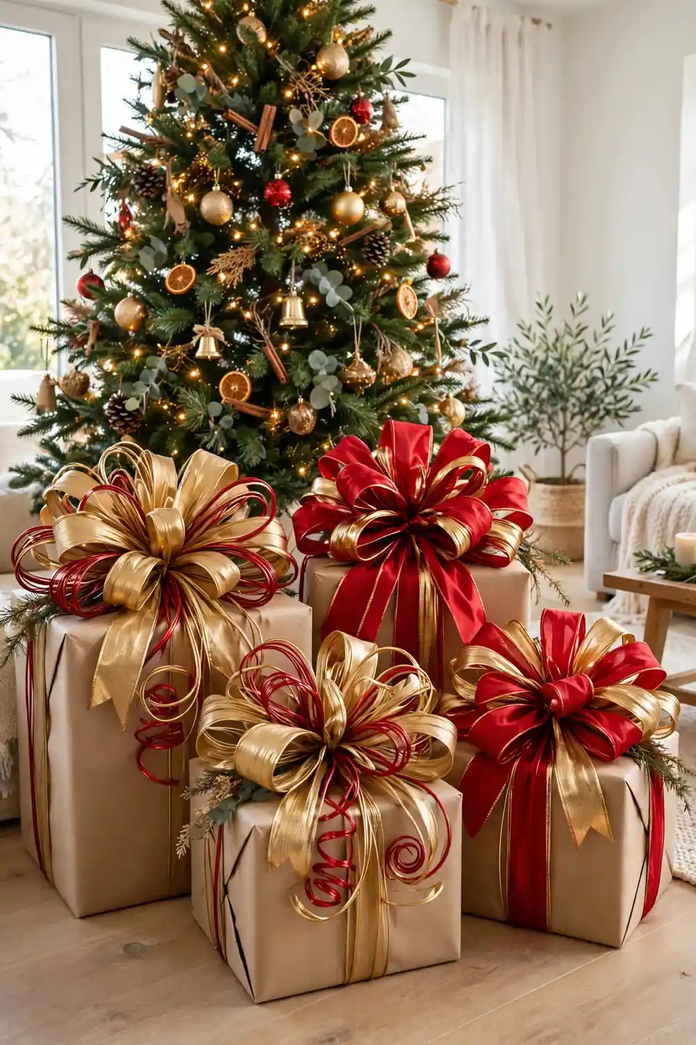 Christmas gifts wrapped in kraft paper with oversized wired bows in red and gold under a decorated tree
