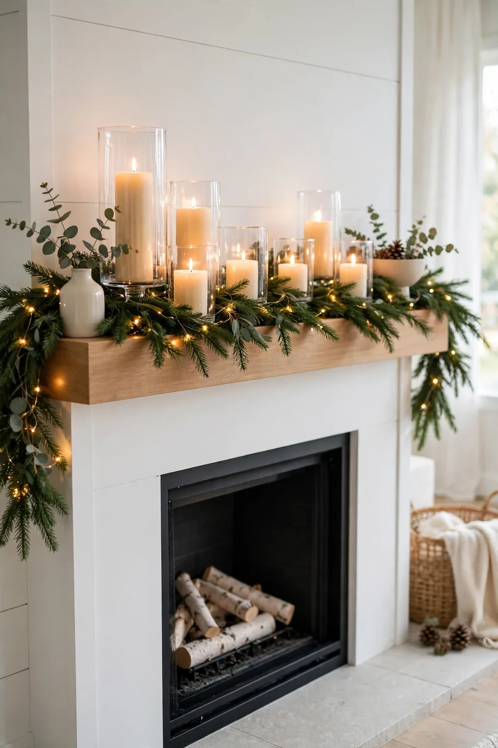 Candlelit Glow Christmas Mantel Candlelit Christmas mantel decor ideas with pillar candles and fairy lights