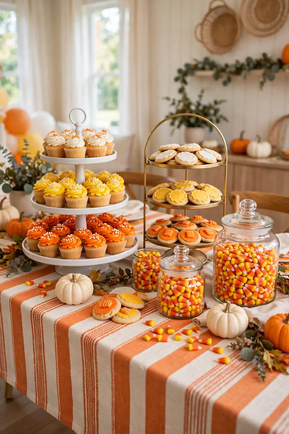 Festive Halloween table decor dessert table with candy corn colored treats and striped tablecloth