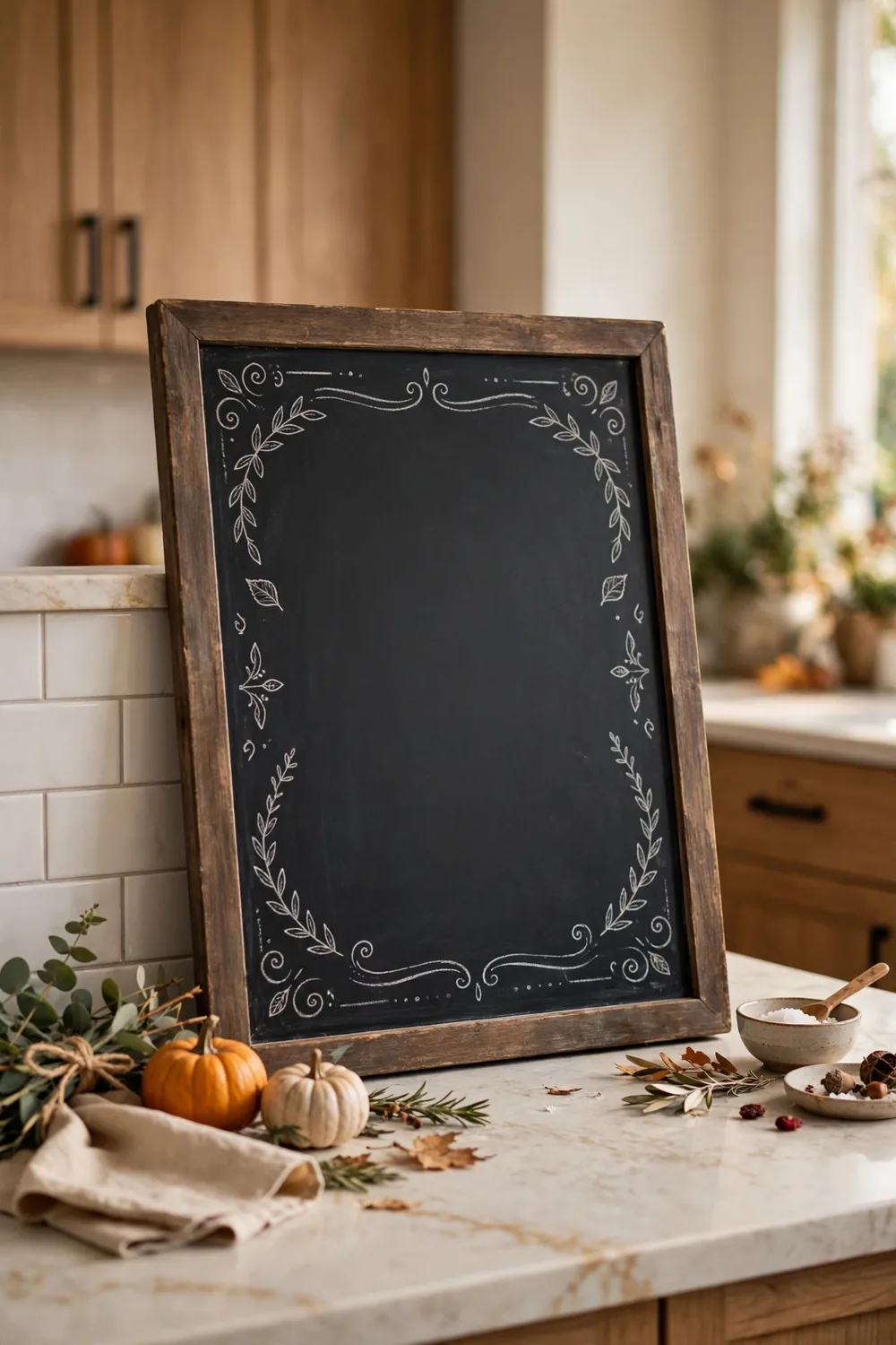 Chalkboard Menu Sign Chalkboard sign with handwritten Thanksgiving menu leaning on a kitchen counter