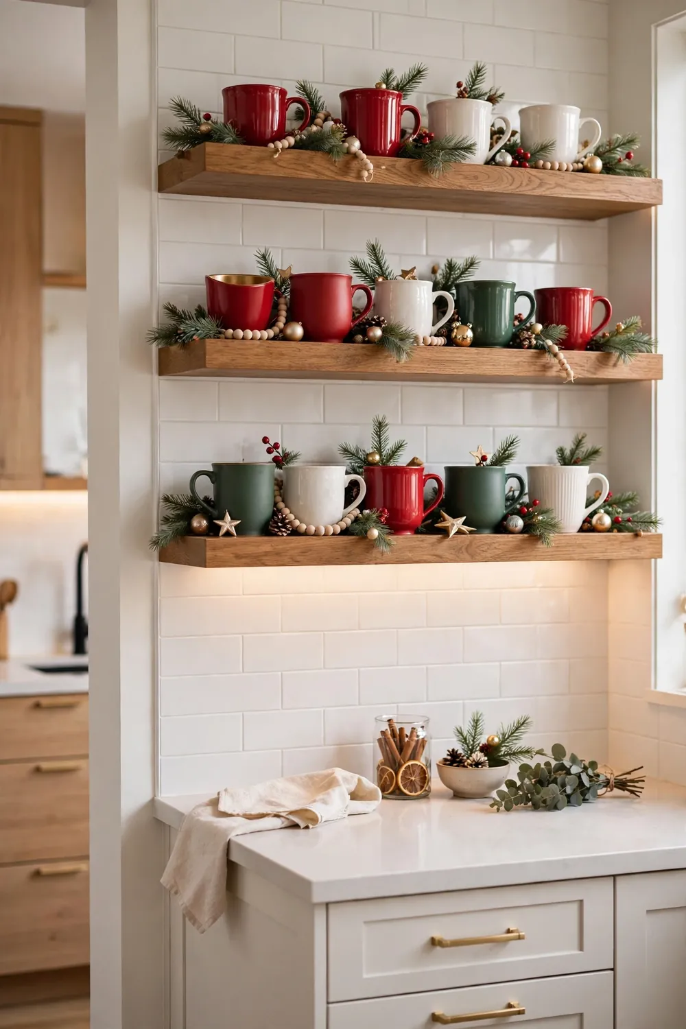 Christmas Mugs Displayed on Open Kitchen Shelves Christmas kitchen decor ideas with festive Christmas mugs displayed on open kitchen shelves with greenery