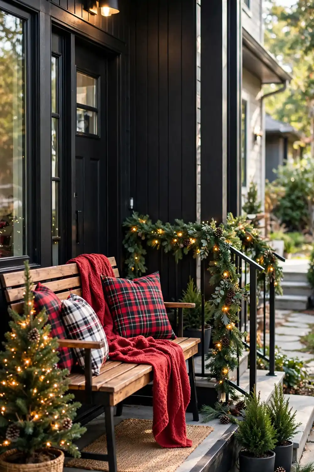 Plaid Blanket Porch Bench Seating Christmas Porch Decor Idea Porch bench with plaid blankets and pillows styled for Christmas, a cozy christmas porch decor idea