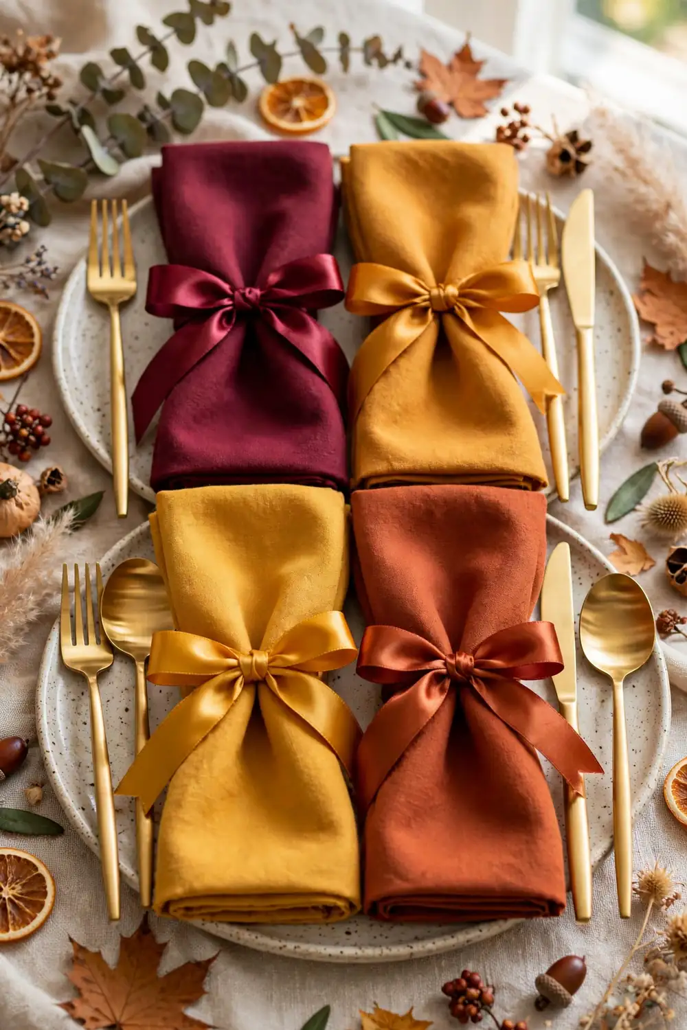 Colorful cloth napkins tied with satin ribbon bows in fall colors