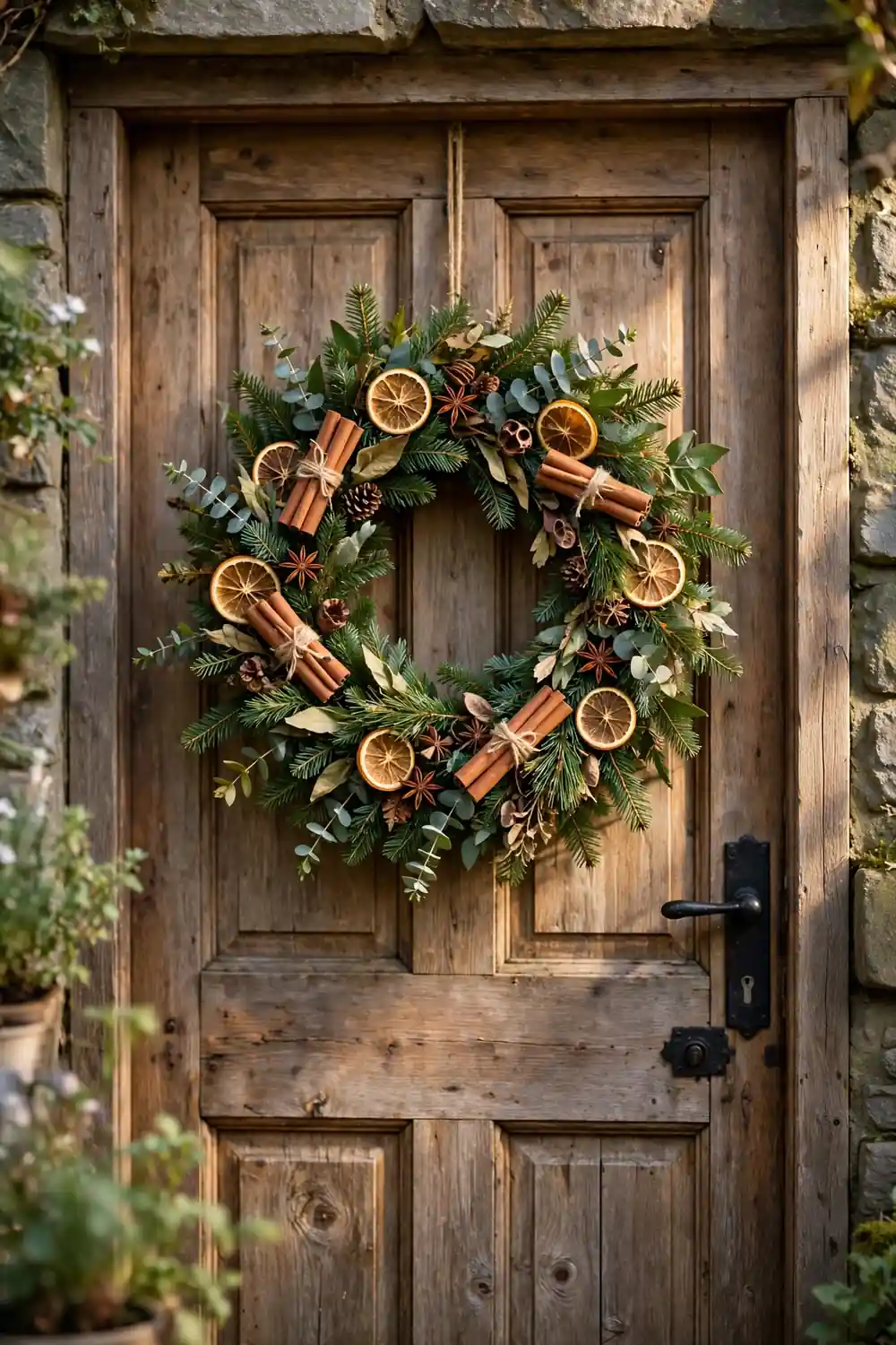 Natural dried orange and cinnamon Christmas wreath ideas with warm rustic charm